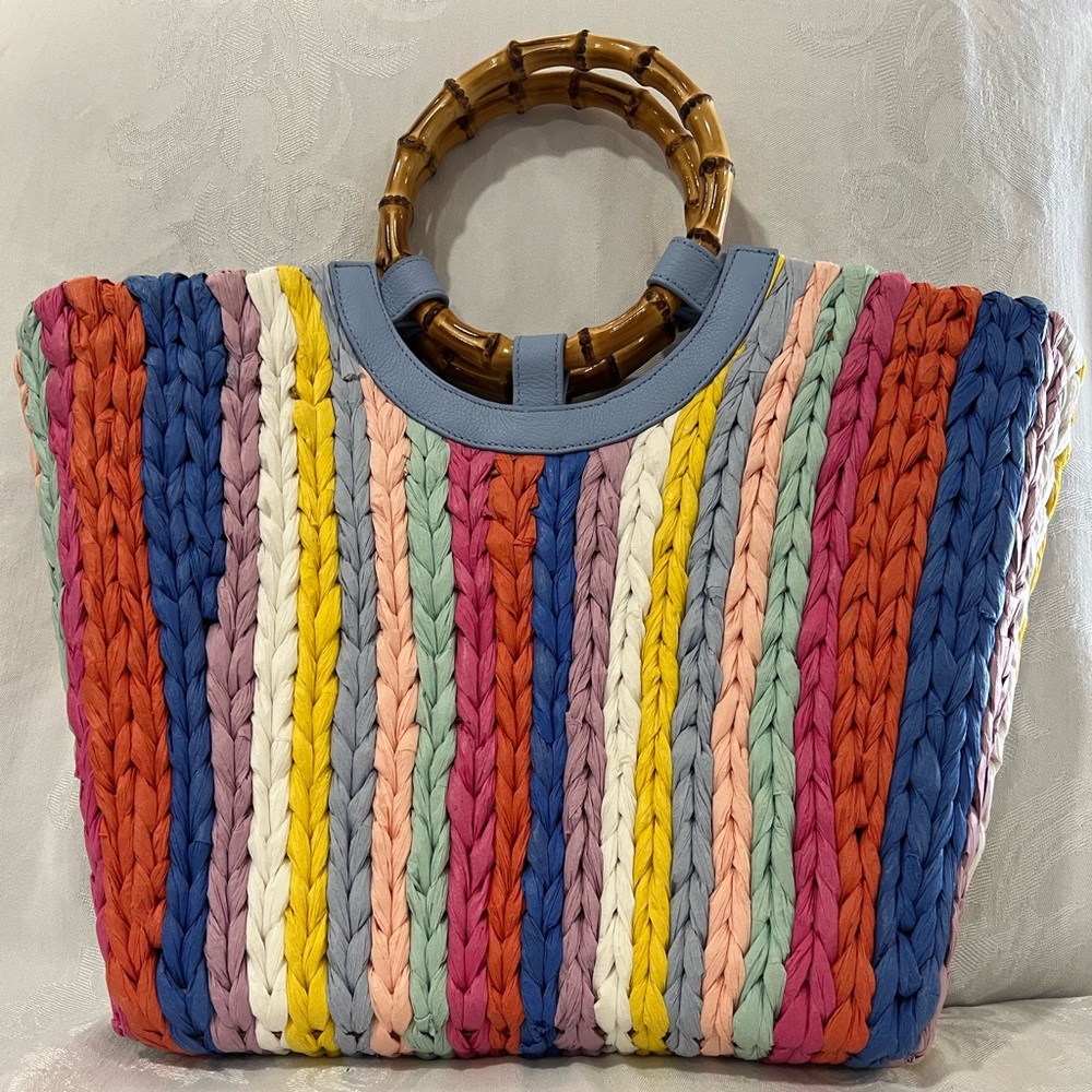 Talbots rainbow straw beach / tote bag with round bamboo-like handles